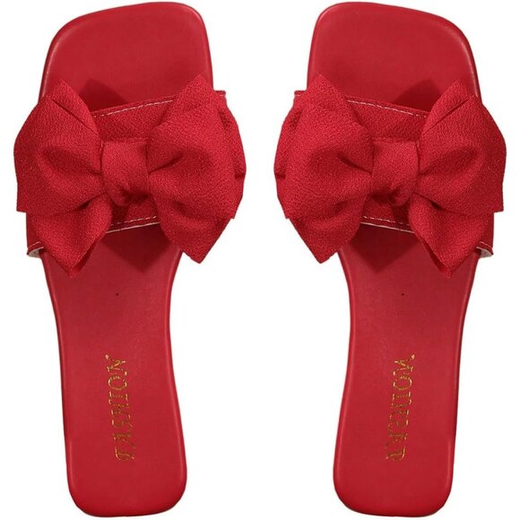 Women's Bow Red Square Toe Flat Summer Sandals Slides Slip On Shoes - Picture 1 of 6